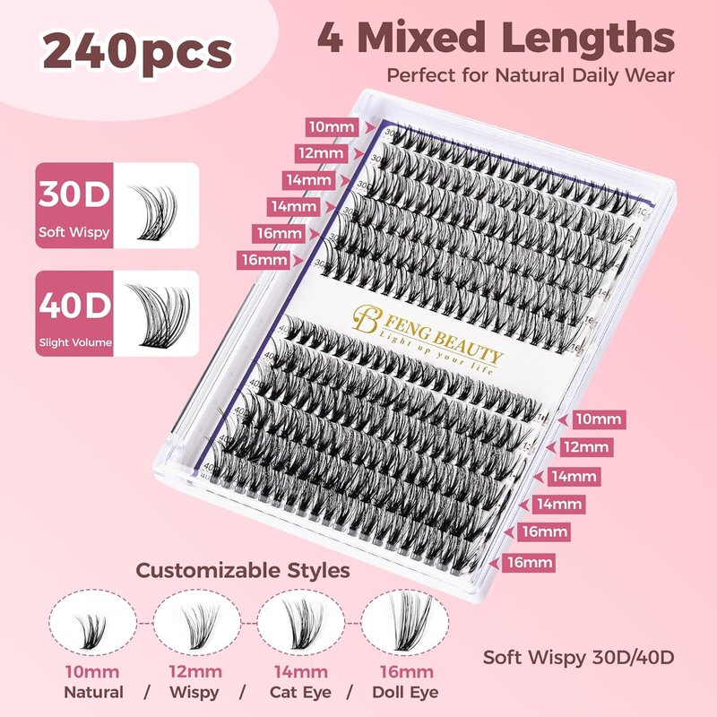 Eyelash Clusters Kit - 240PCS Natural Wispy Extensions with Bond & Seal | Mixed Lengths 10-16mm