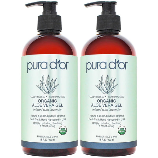 PURA D'OR ORGANIC Aloe Vera Gel Lavender (16 Oz X 2) All Natural - ZERO Artificial Preservatives - Deeply Hydrating & Moisturizing - Sunburn, Bug Bites, Rashes, Small Cuts, Eczema Relief - Skin & Hair