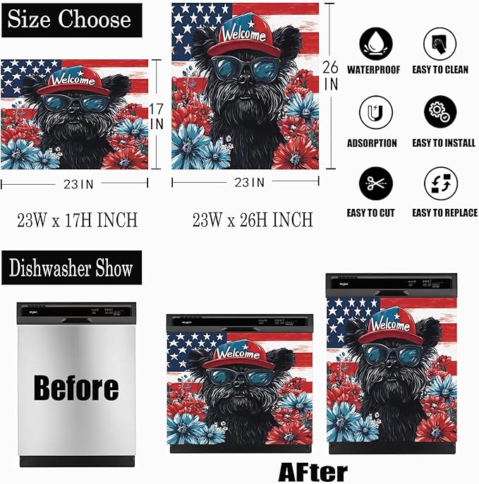 Black Patriotic Puppy Dishwasher Magnet Cover American Flag and Flowers Magnetic Dishwasher Cover Magnets Decorative Cover Refrigerator Appliances Panel Sheets 23" x 17" Magnetic