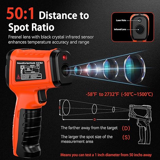 Surpeer -58°F to 2732°F Infrared Thermometer IR Laser Gun 50:1, Digital Temperature Gun/K-Type Probe -4°F~932°F, Humidity Sensor, High-Temp Pyrometer for Kiln, Forge, Furnace, Industrial Use