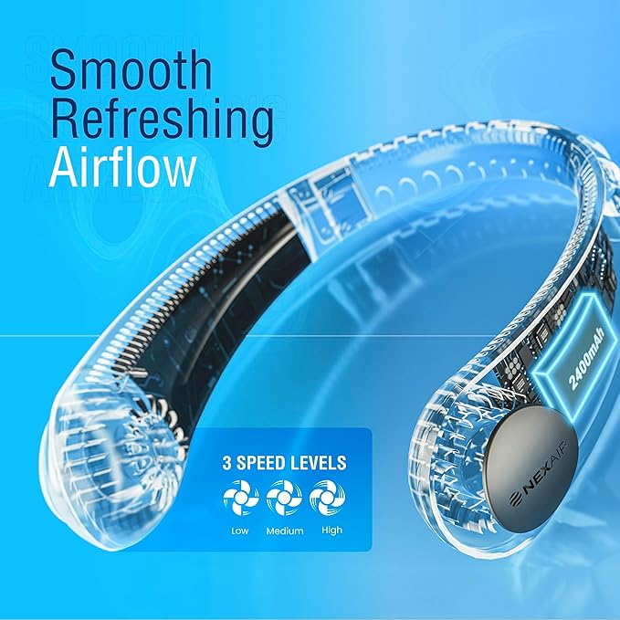NEXAIR Portable Neck Fan Hands Free Cooling Lightweight Bladeless Neck Fan, 3 Speeds, 2400mAh Battery, 5H Runtime White