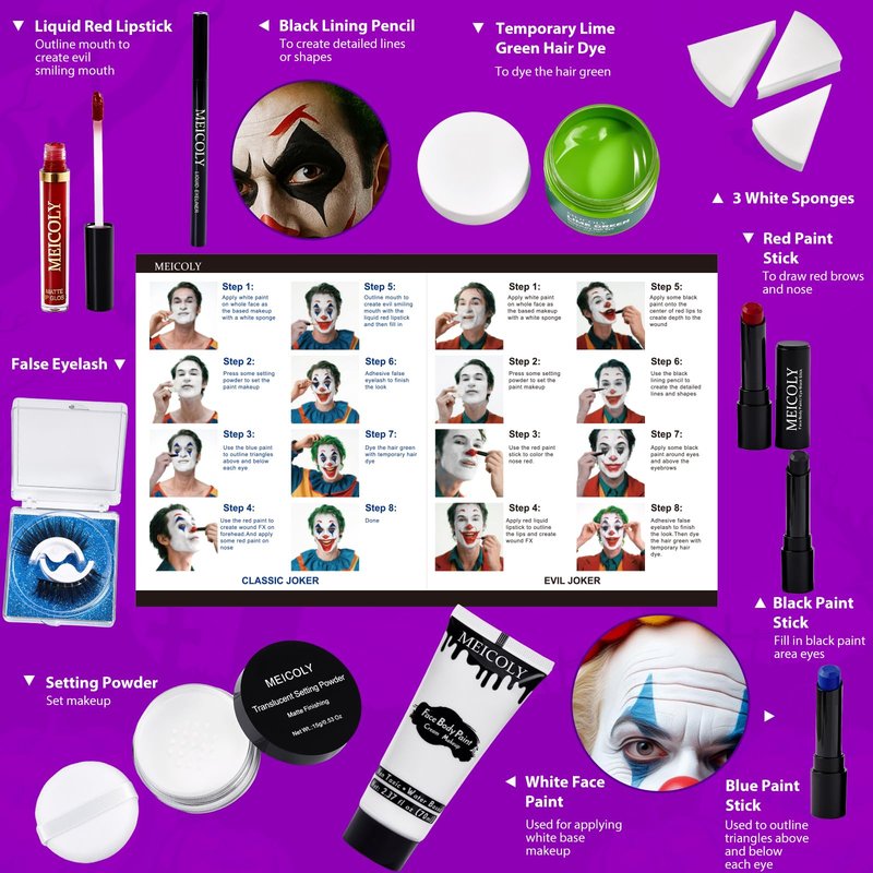 MEICOLY Joker Makeup Kit,Complete Joker Costume Clown Makeup,Clown White Face Paint Character Set for Halloween SFX Cosplay Stage Performance Theatre,Green Hair Dye,Setting Powder,Red Lip Gloss