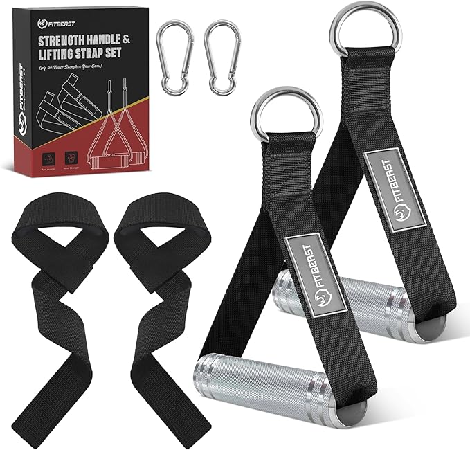 FitBeast Aluminum Alloy Exercise Handles & Lifting Straps Set - Gym Handles for Cables Machine with Thick D Buckle, Stable Grip, Ideal for Home Gyms, Fitness Centers, Strength Training for Men (Black)