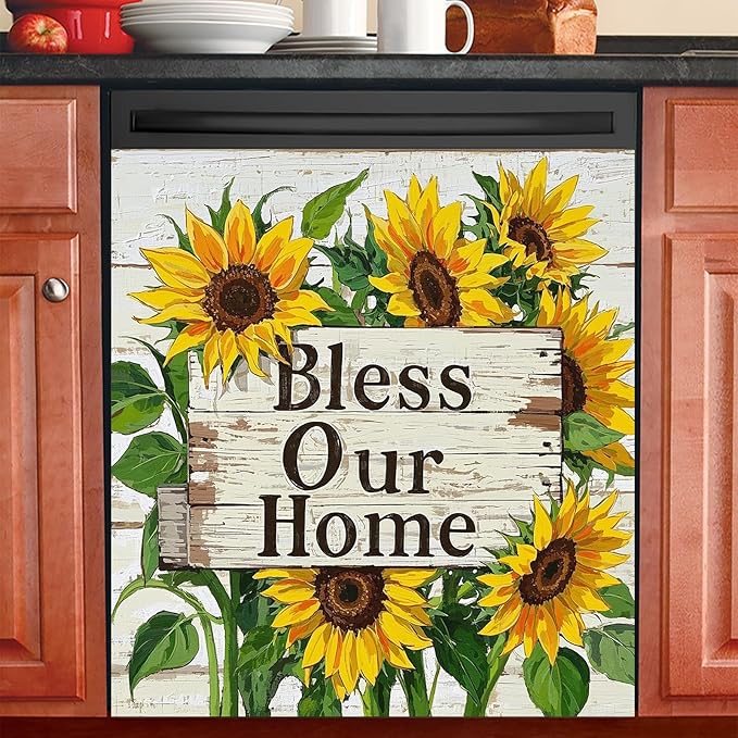 Dishwasher Magnet Cover 23x26 in Rustic Bless Our Home Sunflowers Sign Dishwasher Cover for Kitchen Appliance Decoration Front Panel Sticker Rustic Art Skin Panel Home Decor Decal