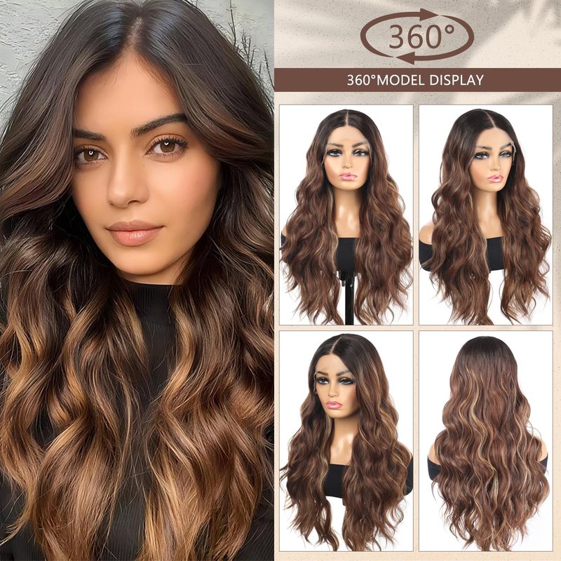 Rallarkrysset Lace Front Wig Balayage Pre Plucked Ombre Brown Highlight 13x4x1 Wigs for Women Ready to Wear HD Glueless Natural Long Wavy Wig for Women Middle Part Soft as Human Hair