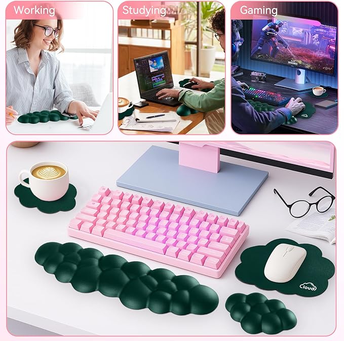 Sushret Cloud Wrist Rest for Computer Keyboard, 4-in-1 Memory Foam Leather Cloud Keyboard Wrist Rest and Mouse Pad Set with Ergonomic Support for Arm and Palm Cushion, Gaming/Work Setup, Dark Green