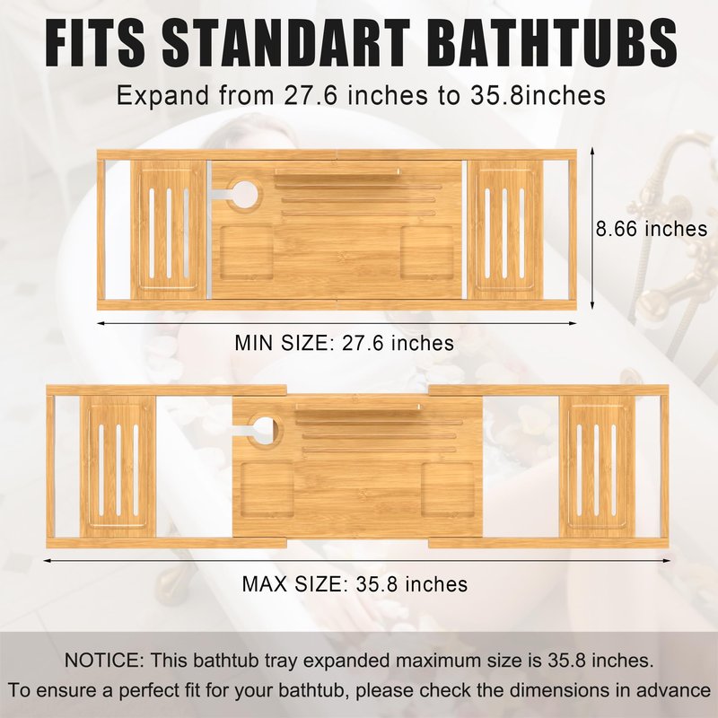 Bathtub Tray Caddy,Premium Bamboo Expandable Bath Tub Trays Table, Foldable Bathroom Accessories,Great House Warming, Anniversary and Birthday Gifts,Natural