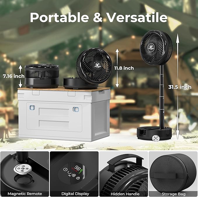 40000mAh Portable Travel Fan, Rechargeable Collapsible Fan, 106H Run, 8 Speeds Standing Oscillating Fan, Battery Powered with Timer & Light for Travel Cruise Essentials RV Outdoor Bedroom Power Outage