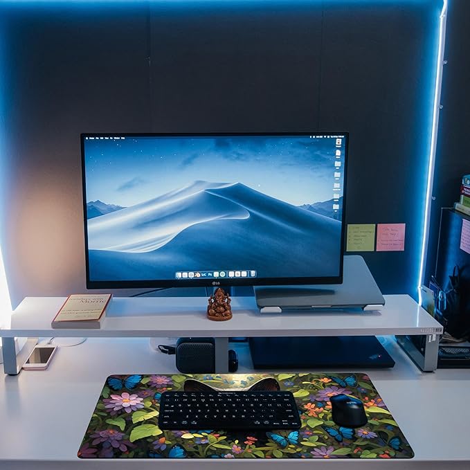 KOAIWPAE Desk Pad, Cute Black Cat Desk Mat, Cat Among Butterfly Flowers Large Gaming Mouse Pad for Desk, 31.5"x15.7" Extended Big Computer Keyboard Mouse Pad with Non-Slip Base and Stitched Edge