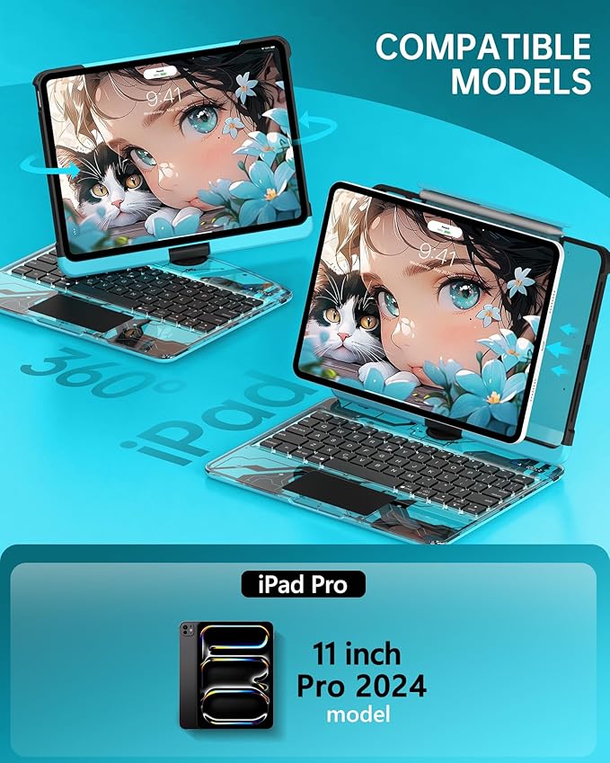 Intermerge Clear Keyboard Case for iPad Pro 11"(M5,2025/ M4,2024), 360° Swivel Multi-Touch Trackpad, 7-Color RGB Backlit, Pencil Holder, Type-C, Power Indicator, Aqua Pulse