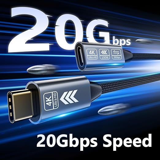 HOTUTUKI USB C Extension Cable 20FT, 20Gbps/100W USB3.2 Type C Extender Cord, 4K@60Hz Video Output Nylon Braided USB C Male to Female Extension Charging Cable Compatibility with Thunderbolt 4/3