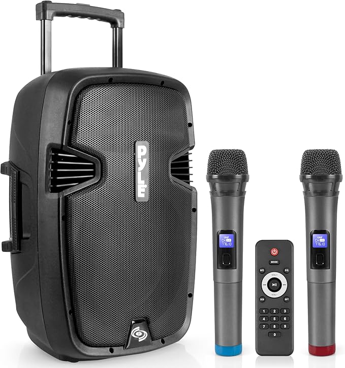 Pyle Portable Bluetooth PA Speaker System - 1000W Wireless Karaoke Loudspeaker with 12” Subwoofer, USB/SD/MP3/FM - Includes Dual UHF Mics, Remote, Rolling Wheels - Ideal for Parties, Events, Outdoors