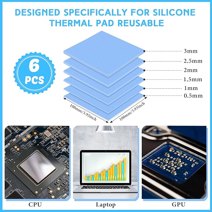Frienda 6 Pcs Thermal Pad 100 x 100 Mm, 0.5, 1, 1.5, 2, 2.5, 3 mm Heat Resistant Conductive Silicone Thermal Pads Conductivity 6.0 W/M for Laptop Heatsink CPU Gpu LED Cooler(Blue)
