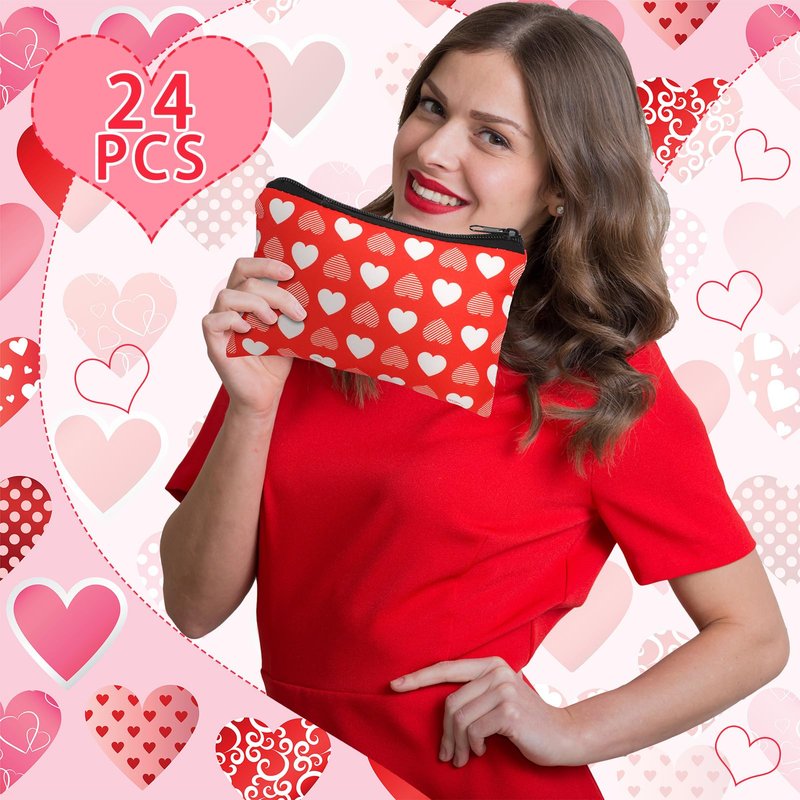 Abbylike 24 Pcs Valentines Day Gifts Bulk Valentines Makeup Bags for Women Cosmetic Bags Toiletry Zipper Pouch Valentine's Day Party Favors for Her(Stylish Style)