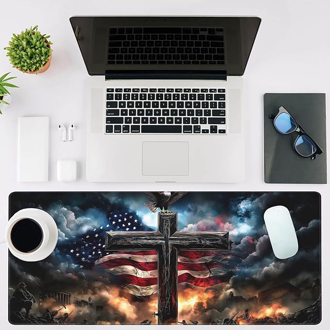 NIYLYNSYN Mouse Pad Large A Cross with an Eagle Non-Slip Game Desk Mat with Stitched Edge Laptop Keyboard Desk Pad for Work Home Gaming (35.4 x 15.7 Inches)