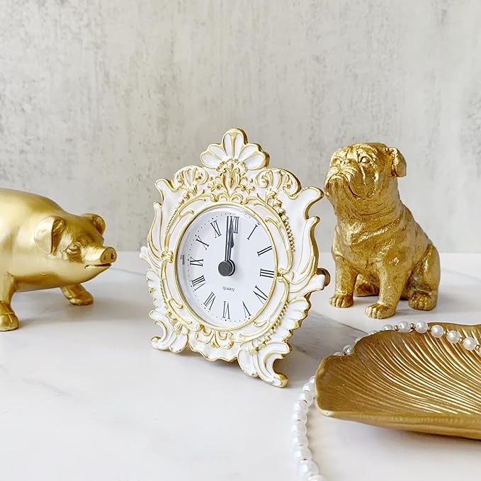 Pewery Decorative Mini Table Clock, Vintage Metal Silent Analog Quartz Battery Operated Table Top Clock for Living Room Decor Shelf