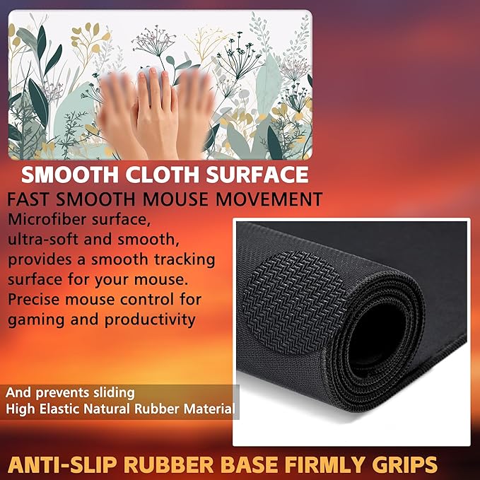 KOAIWPAE Desk Mat, Green Gold Plant Leaves Desk Pad, Wildflowers Large Gaming Mouse Pad for Desk, 31.5"x15.7" Extended Big Computer Keyboard Mouse Pad with Non-Slip Base and Stitched Edge