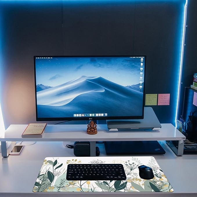KOAIWPAE Desk Mat, Green Gold Plant Leaves Desk Pad, Wildflowers Large Gaming Mouse Pad for Desk, 31.5"x15.7" Extended Big Computer Keyboard Mouse Pad with Non-Slip Base and Stitched Edge