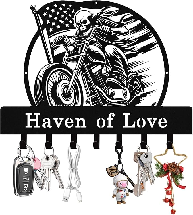 Syneiro Personalized Skull Motocycle Key Holder Wall Mount, Custom Metal Key Rack Key Holder with Name, Deer Cabin Wall Keys Hanger with Hooks for Entryway, Front Door, Hallway, Kitchen, Living Room