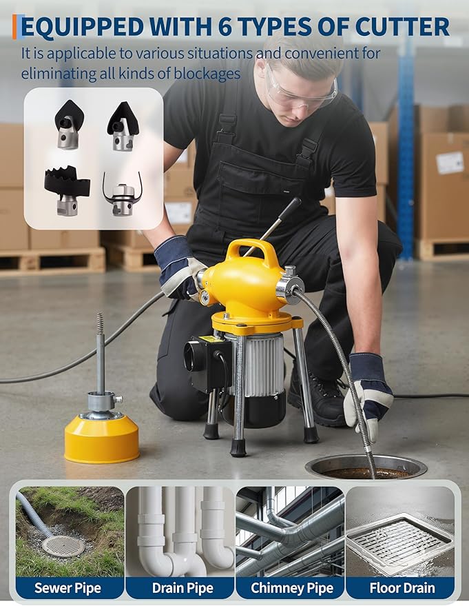 Garvee Portable Drain Cleaning Machine, Auto Feed Electric Drain Cleaner Machine Auger Sewer Snake with 66 FT x 5/8" & 16 FT x 3/5" Steel Cables & 6 Cutters, for 1.6"-4" 500 w 400 RPM