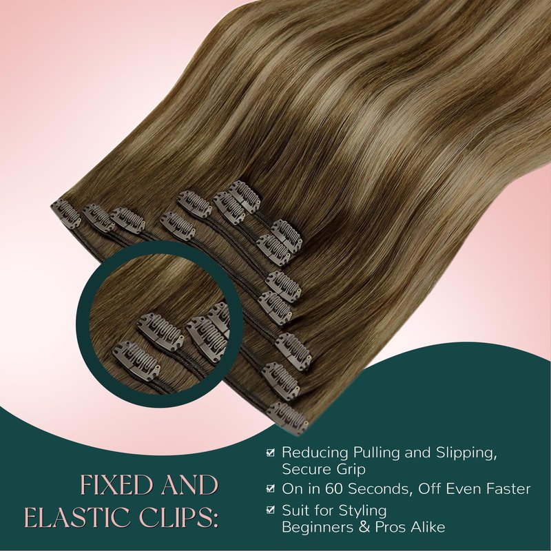 Easyouth Clip in Hair Extensions Human Hair Balayage, Remy Hair Clip in Extensions Ombre, Medium Brown Fading to Caramel Blonde, Real Hair Extension Clip in Human Hair for Beginners, 14In 85g 7pcs
