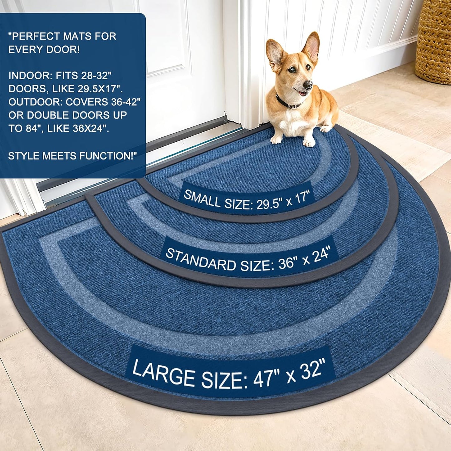 OLANLY Half Circle Door Mat - Waterproof All-Season Doormat for Indoor/Outdoor Use | 58x23, Light Blue