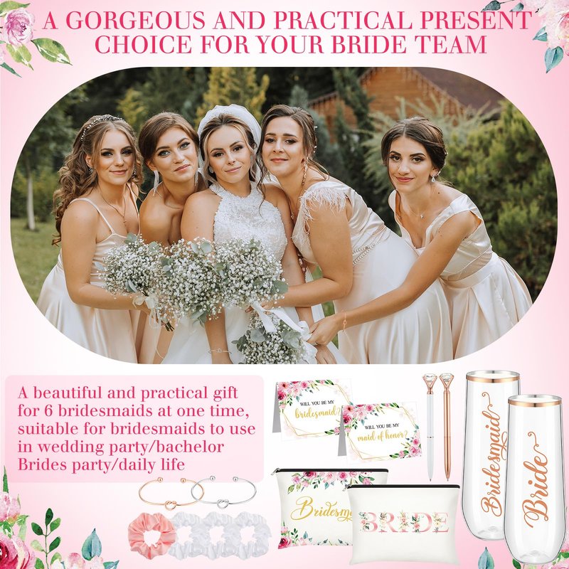 HyDren 35 Pcs Bridesmaid Proposal Gifts Maid of Honor Gift Include Champagne Flutes Makeup Bags Invited Cards Hair Scrunchies Bracelets Diamond Pens for Wedding Bachelorette(Cute Style,Pink)