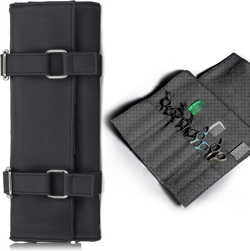 Salon Scissors Bag Roll-Up | 14 Pocket PU Grooming Scissors Holder for Hairdressers - Black