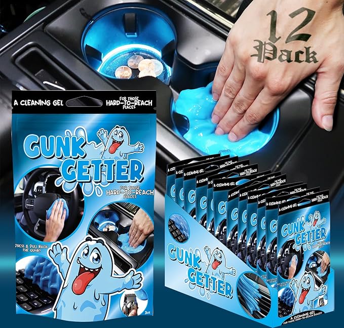 Gunk Getter Car Cleaning Gel 12 Pack for Those Hard to Reach Places, Automotive Cup Holder Electronic Keyboard Office, Slime Gel Cleaner Dust Crumb Removal (Resealable Pouch, Blue, 3oz) 12 Pack