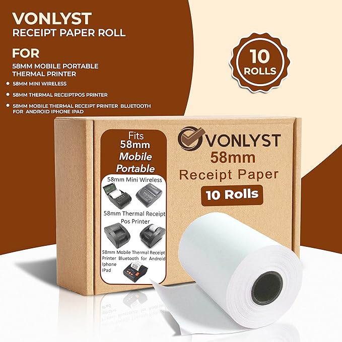 Vonlyst Receipt Paper Roll for 58mm Mobile Portable Thermal Printer (Pack 10 rolls)