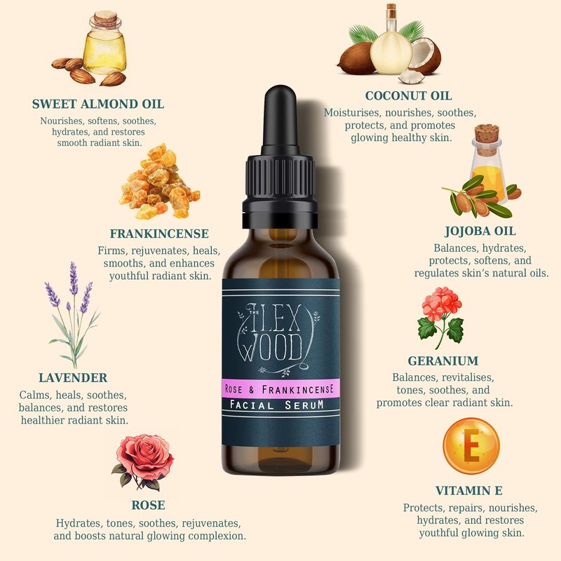 The Ilex Wood - Rose and Frankincense Face Serum - 100% Natural, Vegan, Moisturising, Anti Ageing, Wrinkle & Line Reducing, Cruelty Free, Plastic Free, Handcrafted - 20ml (0.68 fl oz)
