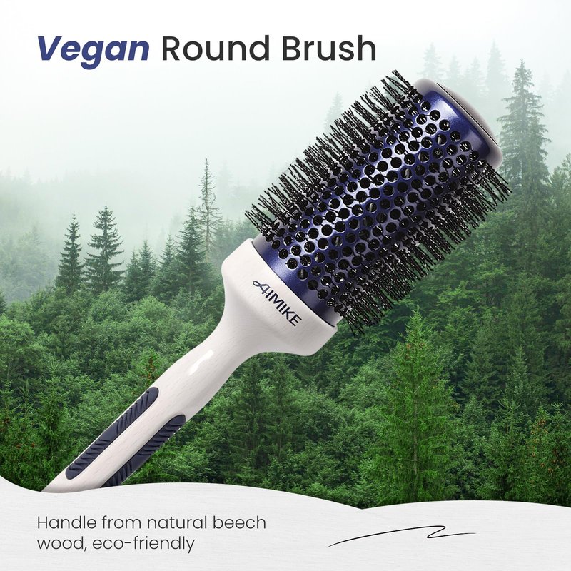 AIMIKE Nano Ionic Tech Large Round Brush, Ceramic Brush for Blow Drying, Styling and Boosting Volume, Natural Wood Handle - 2 Inch/52mm