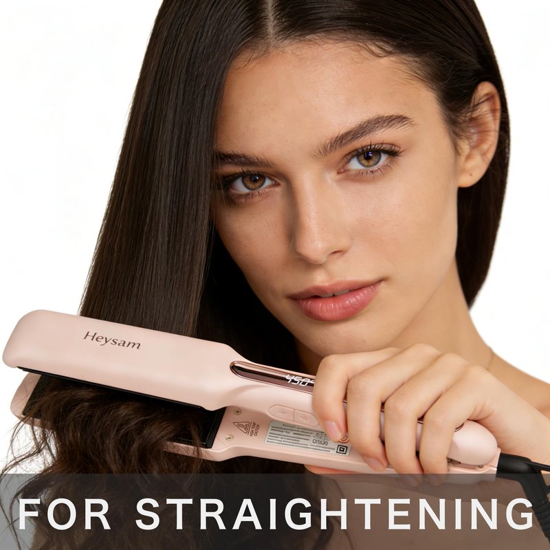 Heysam Titanium Flat Iron Hair Straightener and Curler 2 in 1, Dual Voltage Hair Straightener for Thick Hair, Travel Ionic Straightening Wide 1.6-Inch, Fast Heating, Smooth & Frizzy, Pink