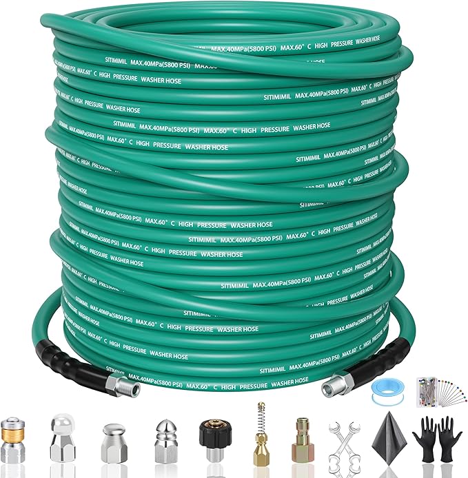 150FT Sewer Jetter Kit for Pressure Washer,1/4ââNPT Drain Cleaner Hose 5800PSI, with Adapter Corner Rotating Button Nose Sewer Jetting Nozzles Kit Pearl Corsage Pin Spanner Waterproof Tape