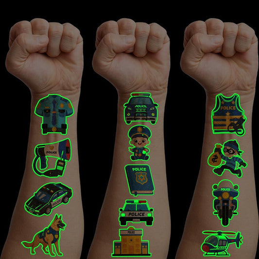 96 PCS Police Car Police Officer Policeman Pre-Cut Luminous Glow in the dark Temporary Tattoos for Kids | Super Cute Theme Birthday Party Favors Supplies Decorations, Fake Tattoos Gifts for Boys Girls