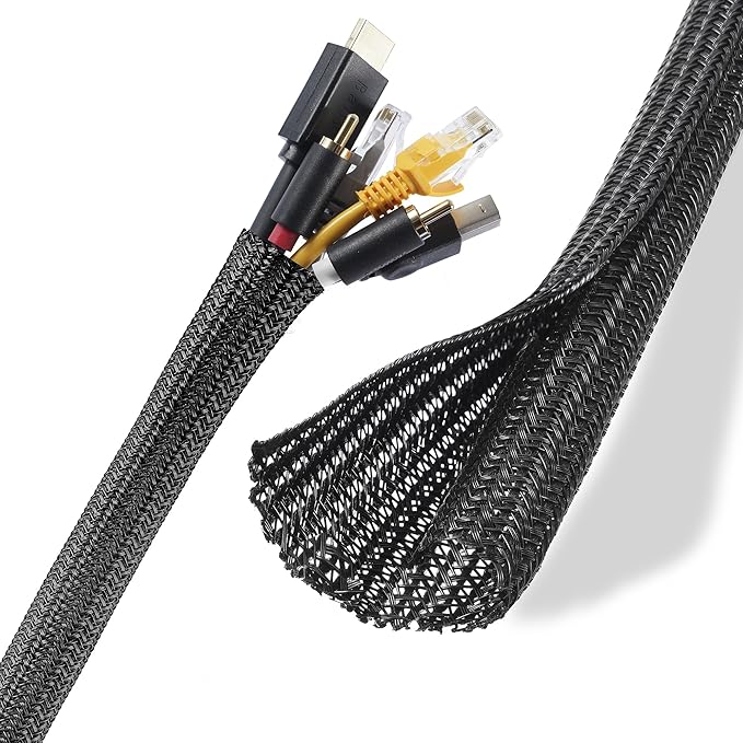 YCLYC Cable Management Sleeves 1in - 2 Pack 6.6ft Split Braided Sleeve Black, Protectors From Pets, Wire Organizers, Flexible Wrap for Computer Cord Management