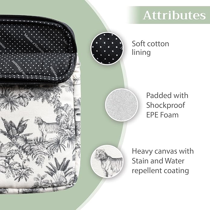 Maison d'Hermine Laptop Bag with Pocket Upto 13.5 inch Stain and Water Repellent Cotton Canvas Spring Summer (Savana Jouy - Black)