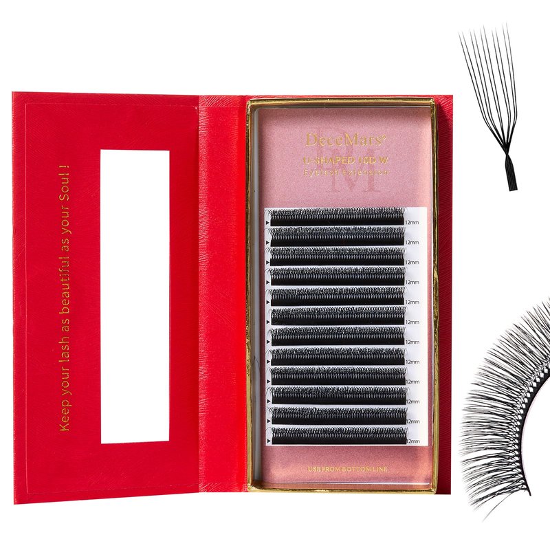 DeceMars 10D U Shaped Eyelash Extensions Easy Fans Double Tips 5D Russian Volume Crisscross Eyelashes Natural Soft YY Lash Extensions Handwoven Mesh Wispy Clusters Matte Black-0.07mm-D-8-15mm Mix