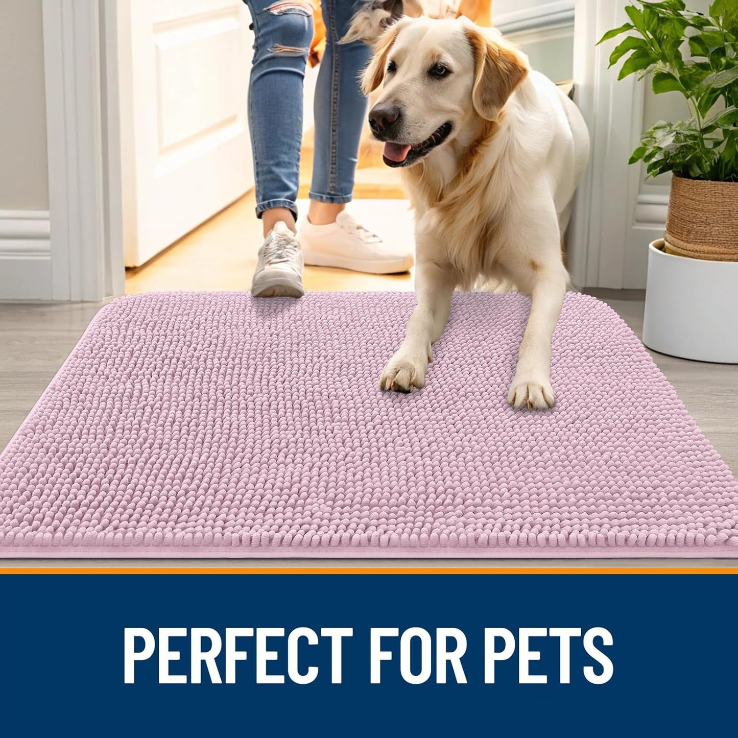 OLANLY Dog Door Mat - Absorbent Non-Slip Chenille Mat for Muddy Paws | 54x24, Quick Dry, Dusty Rose