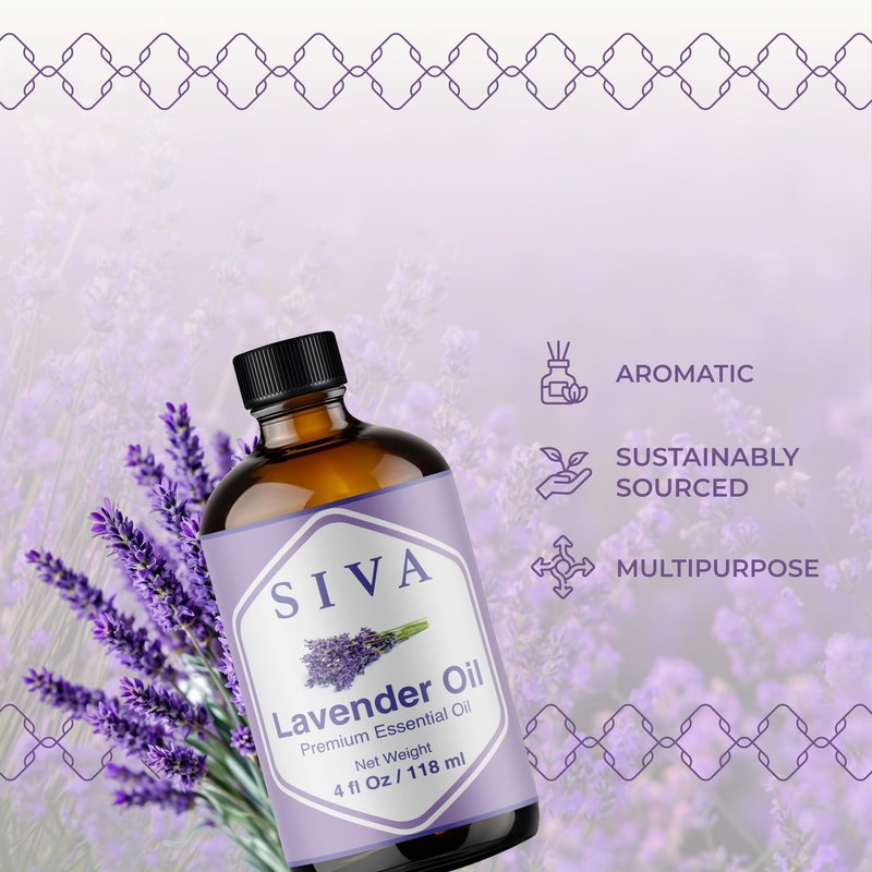 Siva Lavender Essential Oil 4 Fl Oz – for Diffuser, Skin & Hair Care – Ideal for Aromatherapy, Massage & DIY Blends – with Dropper