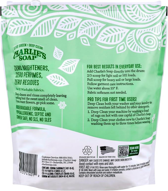 Charlieâs Soap Laundry Powder (300 Loads, 4 Pack) Fragrance Free Hypoallergenic Plant Based Deep Cleaning Laundry Powder â Biodegradable Eco Friendly Sustainable Laundry Detergent