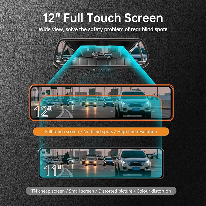G850+ 12" 4K UHD Mirror Dash Cam Front and Rear with Zoom Backup Camera, 2160P Dual Rear View Mirror Camera for Cars & Trucks, 64GB Card Included, GPS, WDR, Night Vision, Parking Assist & G-Sensor