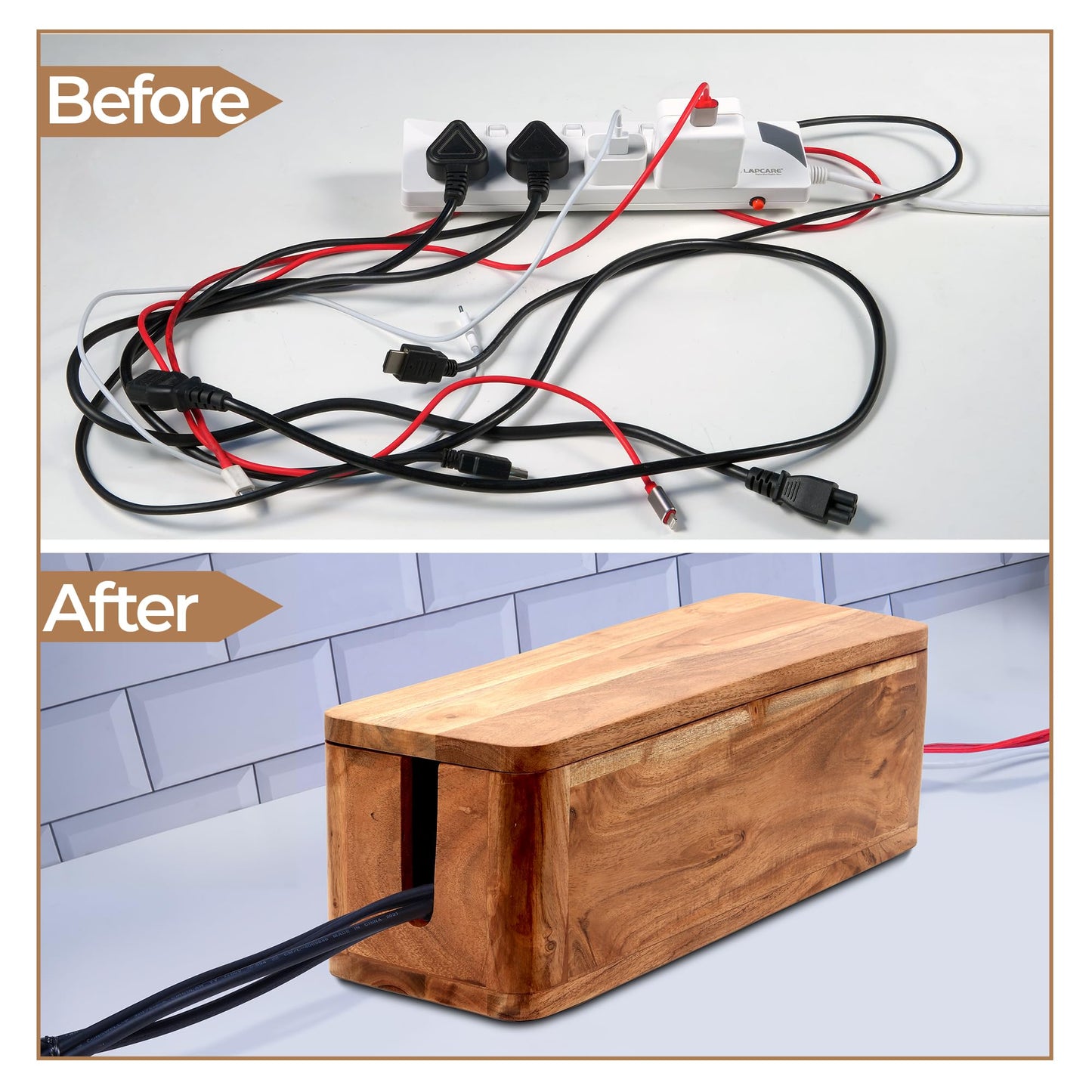 Large Cable Management Box - Acacia Wood - Cable Organizer Box and Power Strip Box for Electrical Cord Management - Hide Desk Cord and Floor Cables - Wire Storage and Organization for Cords