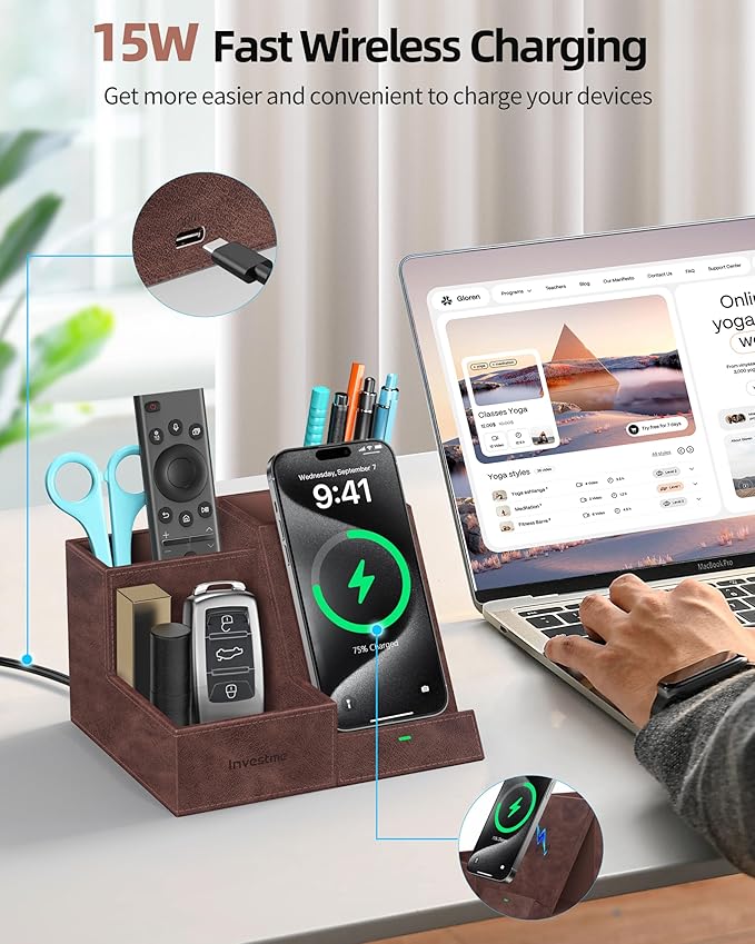 Investme Wireless Charger with Desk Organizer, Pen Pencil Holder, Multifunctional Desktop Organizer, Office Supplies and Desk Accessories Organizer with 3 Compartments and 1 Phone Stand, Dark Brown