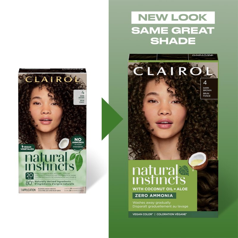 Clairol Natural Instincts Demi-Permanent Hair Dye, 4 Dark Brown | Ammonia‑Free, Vegan Hair Color with Coconut Oil & Aloe Vera | Pack of 3