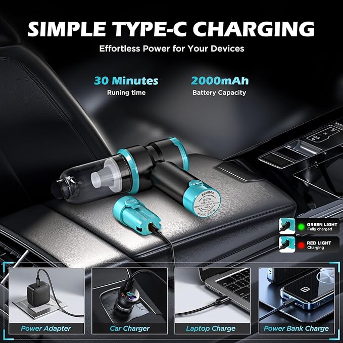 SIX CRAFTSMEN Car Vacuum Cleaner, 4-in-1 Cordless Rechargeable Mini Vacuum with Air Duster