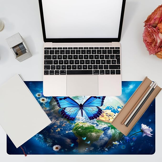 KOAIWPAE Desk Mat, Earth Surrounded by Flowers Desk Pad, Blue Butterfly Large Gaming Mouse Pad, 31.5"x15.7", Extended Big Computer Keyboard Mouse Pad with Non-Slip Base and Stitched Edge