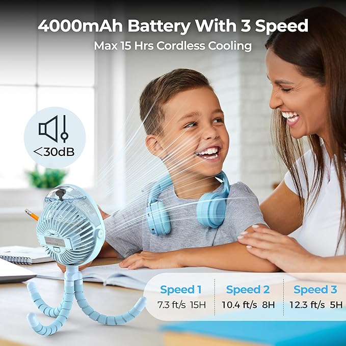 2025 Upgarded 4000mAh Misting Baby Stroller Fan, Rechargeable Battery Operated,Max 15Hrs Cooling,50ml Portable Water Sprayer Misting Fan with Flexible Tripod Clip on Car Seat Crib Treadmill Bunk Bed