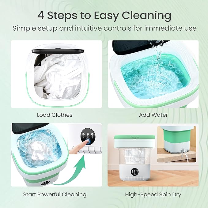Portable Washing Machine - 16L Mini Foldable Washer with Spin Basket, 3 Cleaning Modes & Deep Cleaning for Small Clothes, Collapsible Laundry for Apartment, Home, Hotel and Travel (Green)