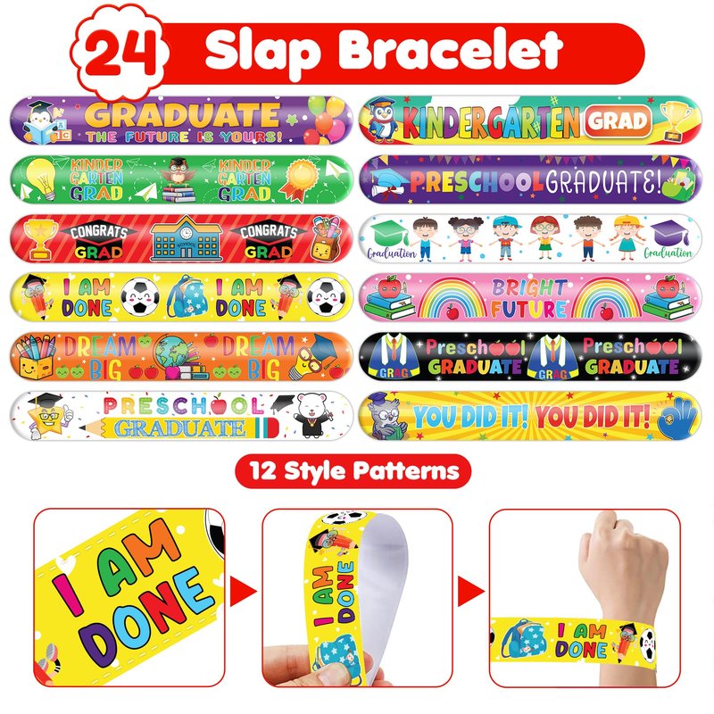 72 PCS Kindergarten Graduation Party Set - 48 Temporary Tattoos & 24 Slap Bracelets - Perfect for Themed Parties, Baby Showers, Classroom Rewards & Gifts for Kids